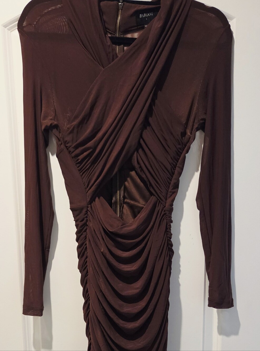 Bardot Chocolate Brown Ruched Long Sleeve Dress